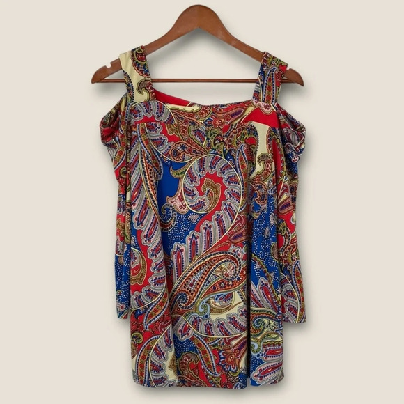 Chico's Fancy Paisley Cold-Shoulder Top Womens Size 2 Large Orange‎ Blue Paisley - Picture 1 of 11